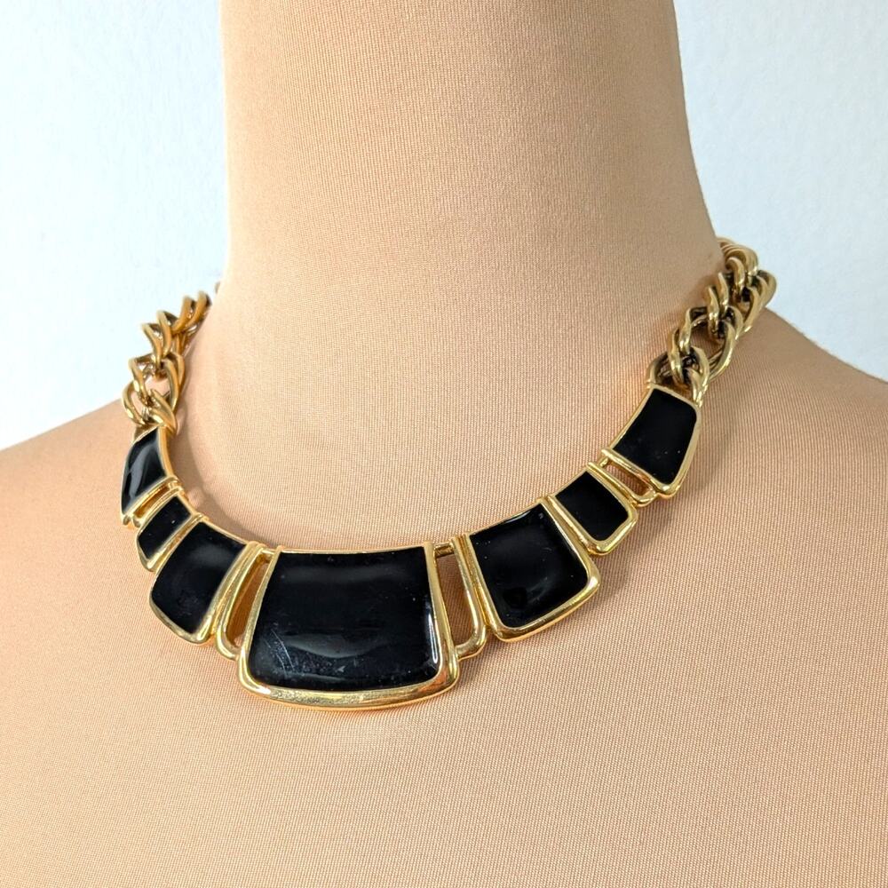 Vintage Trifari Collar Choker Necklace ~ Gold Tone Double Link Black Enamel